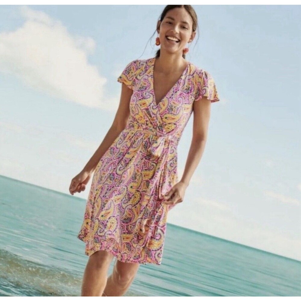 Boden Evangeline Jersey Faux Wrap Dress Pink Paisley Stretch Colorful Sz 10R